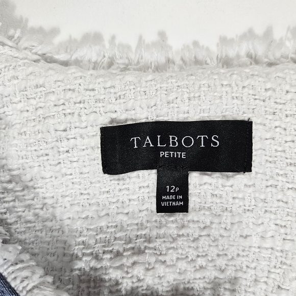 Talbots Petites White Denim Tweed Blazer Jacket Size 12P Button Up Fringed Chic - Picture 12 of 16